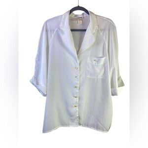 VTG RODIER 70’S WHITE POLY SHORT SLEEVE BLOUSE CUFF SLEEVE LARGE